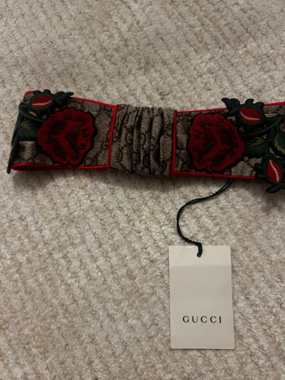 Gucci Brown Monogram Headband with Red Rose Embroidery